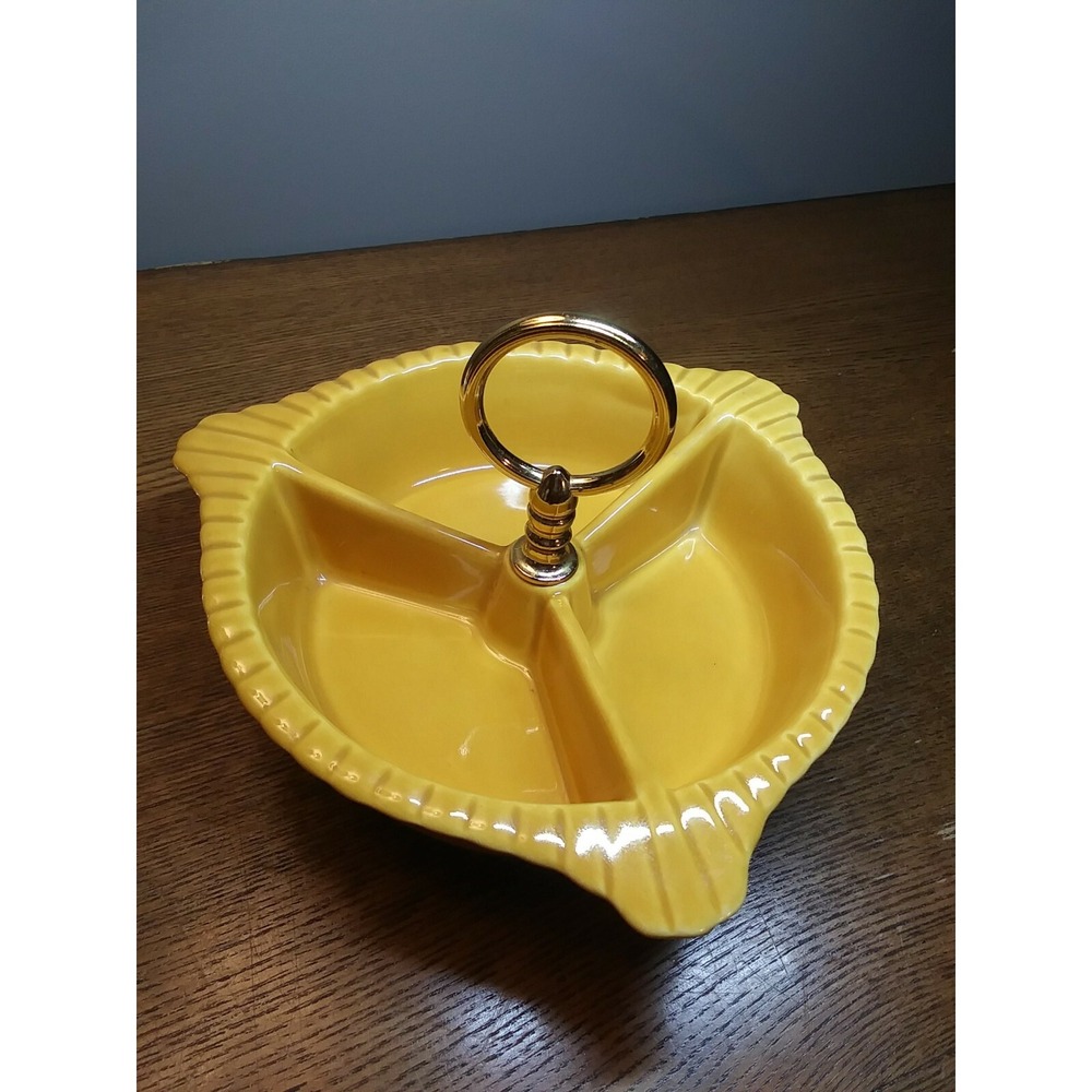 California Pottery USA VTG Gold Yellow Divided Condiment Nut Dish 7.75x2 Gift